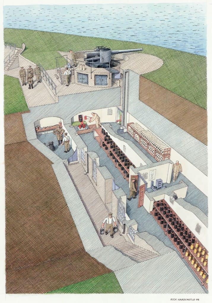 Representation of a fort similar in design to Kilroot with subterranean magazines and two gun positions, mounted in barbettes. 